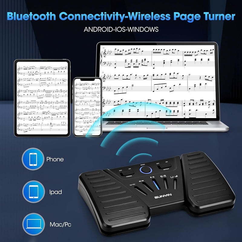 SUNYIN Wireless Page Turner Pedal Buletooth Foot Pedal Music Page Turner for Phones Ipad Tablets Phone Rechargeable Hands-Free（Black) - Image 3